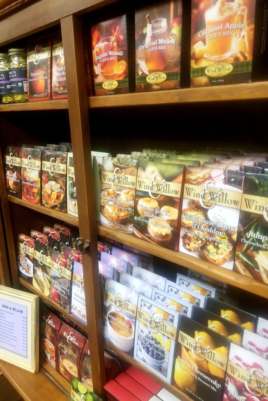 Shelves of Wind and Willow dip, cheeseball and dessert mixes in the gift shop